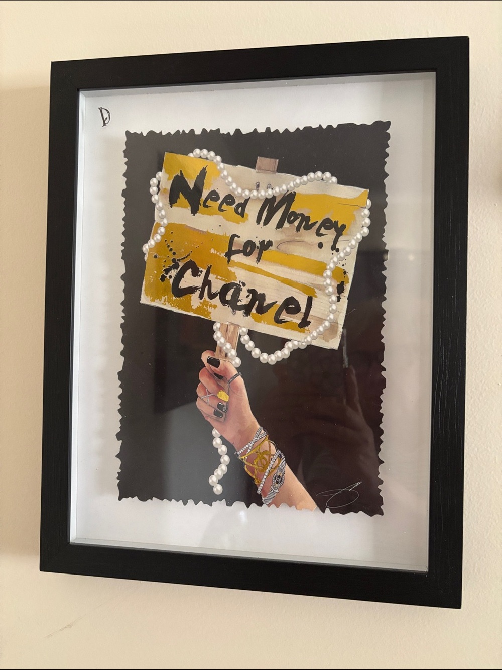 Framed Artwork - "Need Money for Chanel" Sign with Pearl Detail
